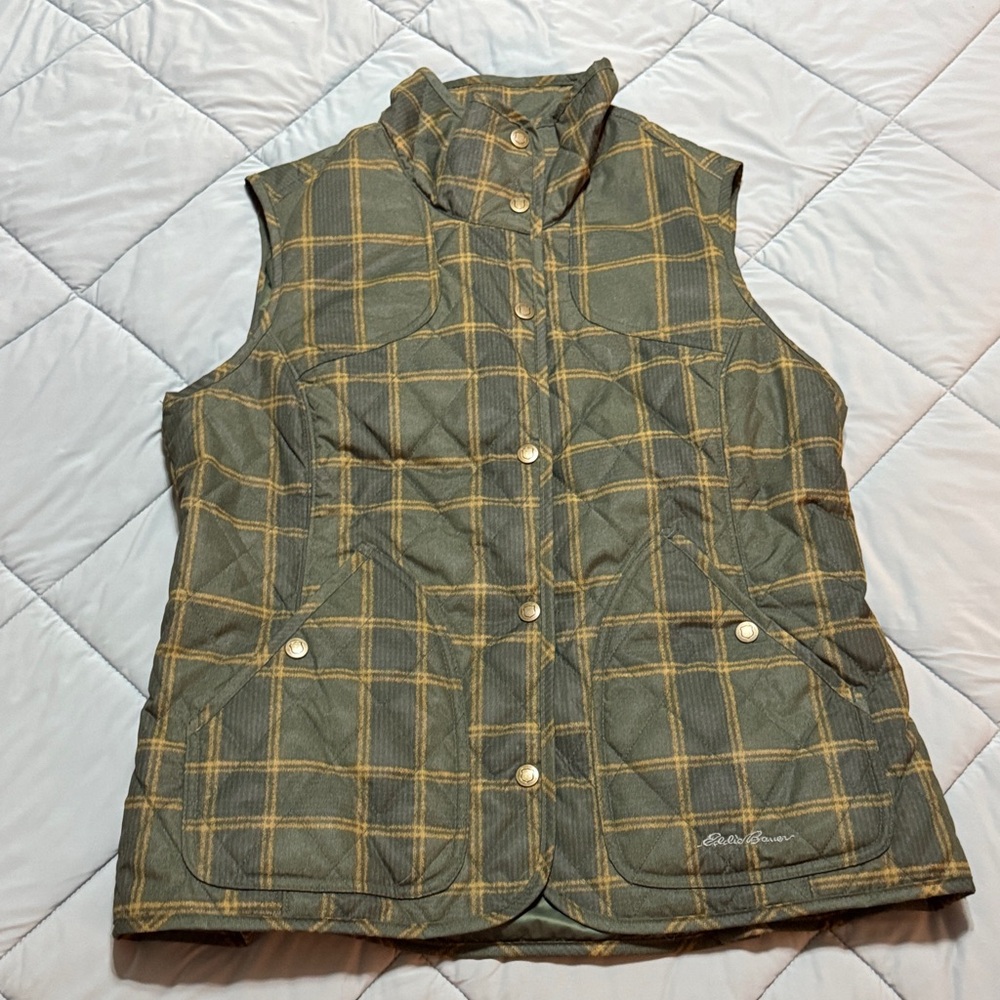 Eddie Bauer Women's Olive and Mustard Plaid Vest